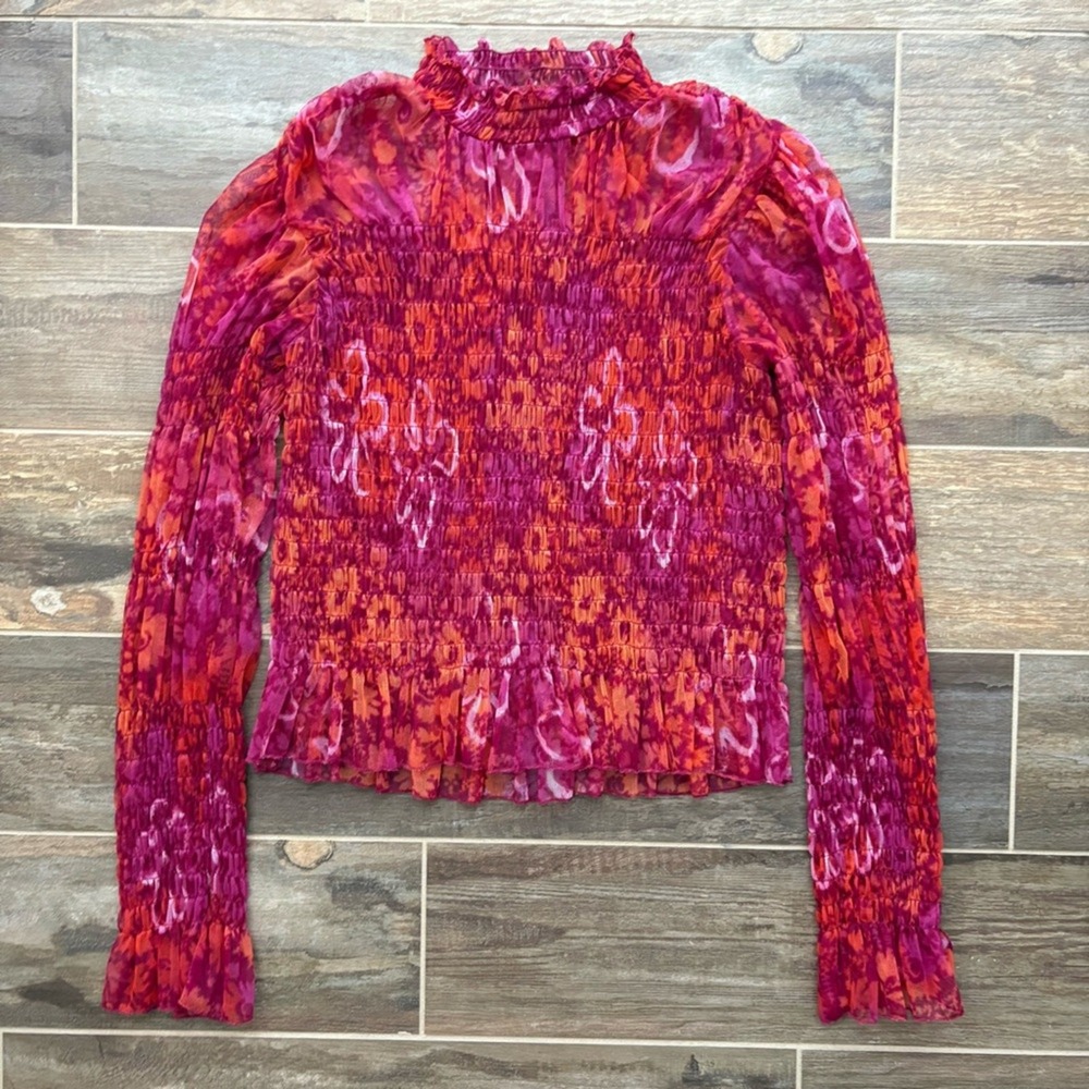 Free People Hello There Floral Boho Top Smocked Mesh See Measurements